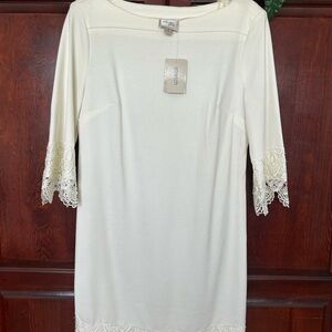 Beige by eci Cream Sheath Dress with Bateau Neckline and Lace Trim Sleeves